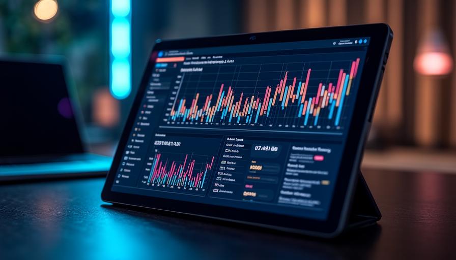 Modern analytical dashboard with dark theme and neon accents